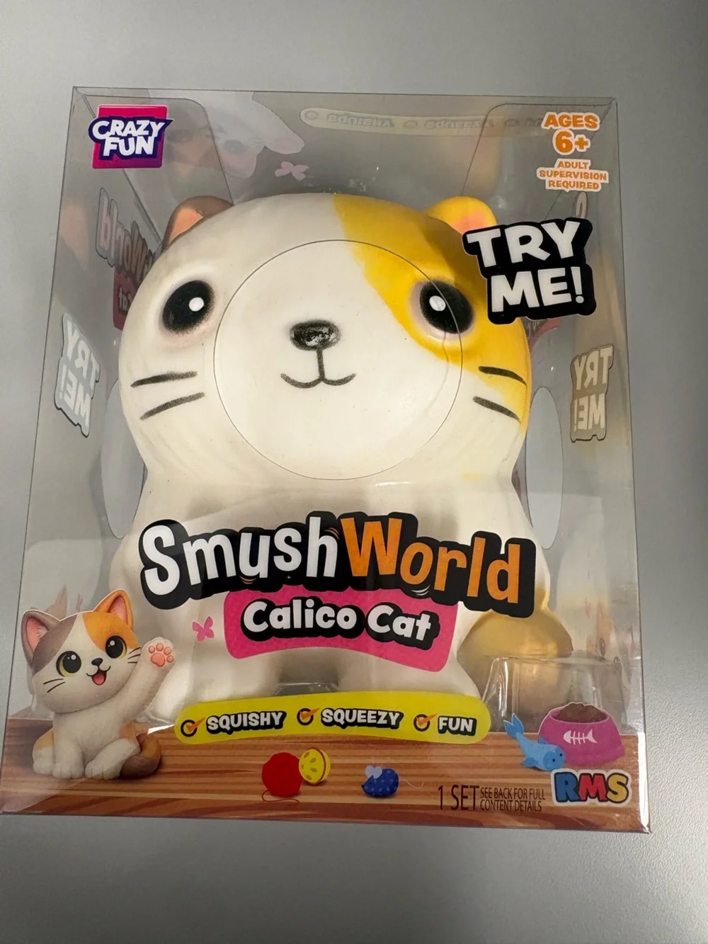 Crazy Fun VIRAL SmushWorld Calico Cat Squishy Toy - White & Yellow - NEW